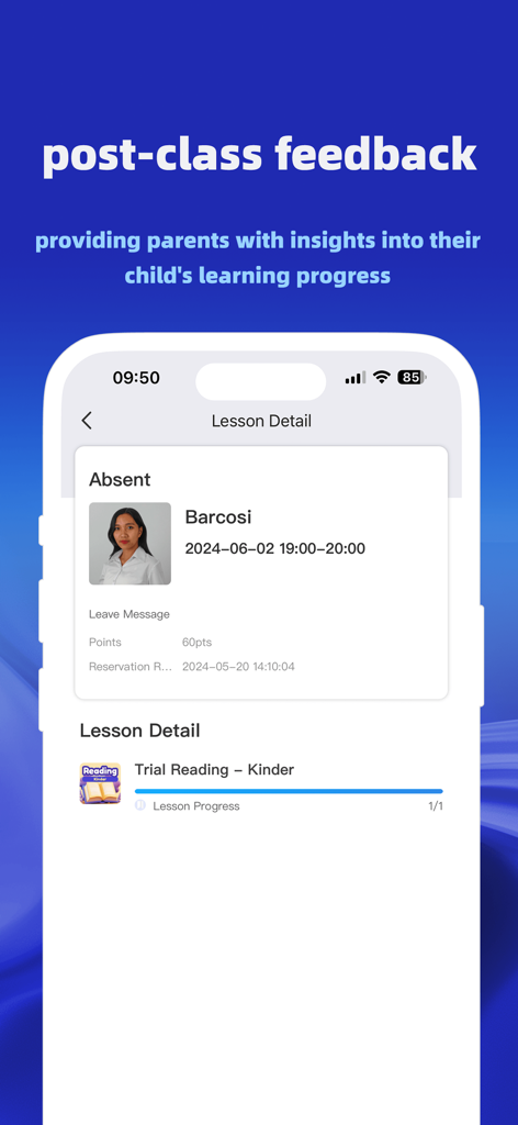 CampusTop app interface displaying post-class feedback and lesson details for parents.