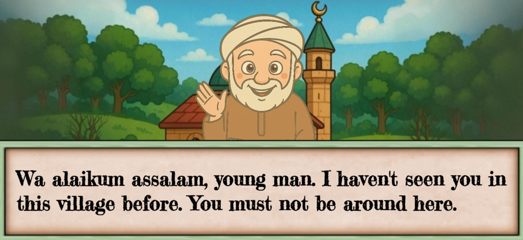 Hamza's Journey - A smiling wise scholar in a turban greets the player in a village from Hamzas Journey.