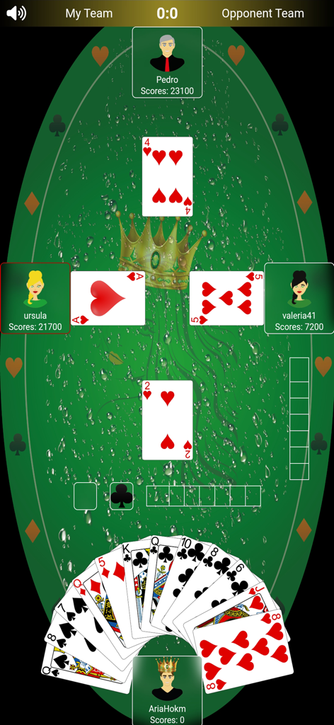 A four player online match in the Hokm card game app featuring a 2v2 team layout on a green table