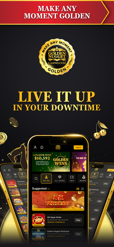 Interfaz de la aplicación móvil Golden Nugget Online Casino mostrando juegos de tragamonedas y notificación de ganador de jackpot