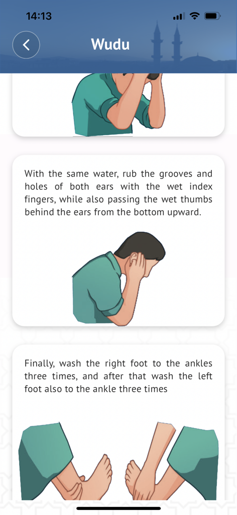 Illustrated step-by-step instructions for Wudu ablution showing how to wash ears and feet in the NamazStart app