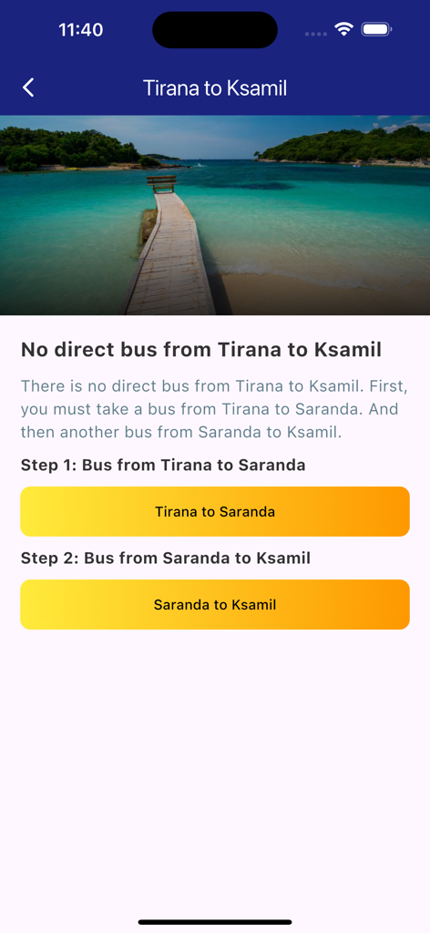 Albania Bus Timetable - App screen showing bus route from Tirana to Ksamil with a connection in Saranda