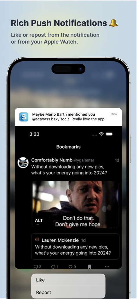 Rich push notifications in the Skeets for Bluesky app on iPhone