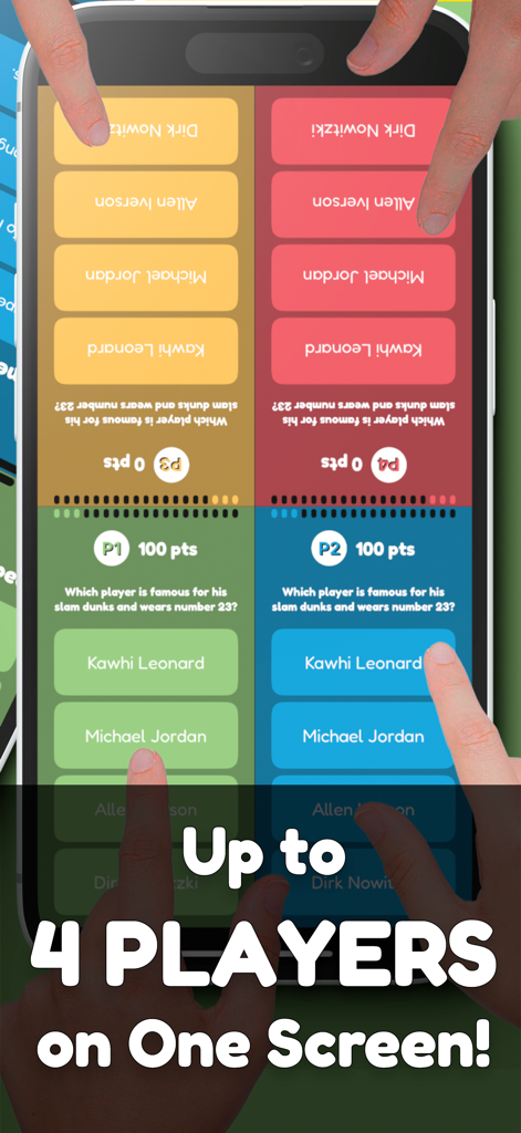 Trivia Games AI - Party Games - Four players playing a trivia game together on one smartphone screen