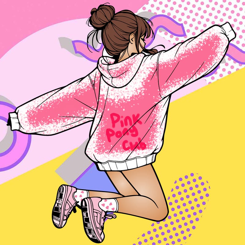 realistic girl jumping with a bun and oversized sweatshirt
