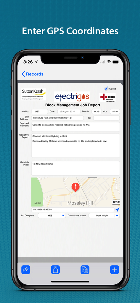 FormConnect Pro - iPhone screen displaying a digital job report form with integrated GPS coordinates and a map pin