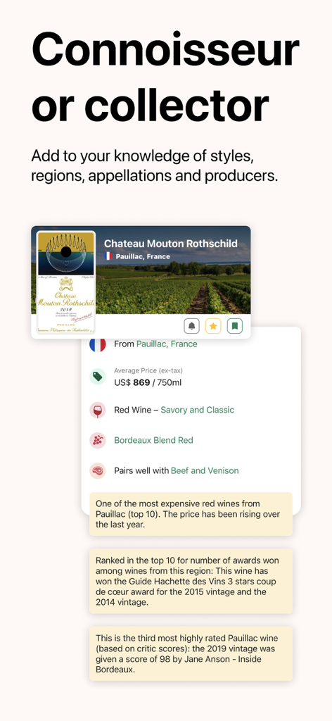 Wine-Searcher - Wine-Searcher app interface displaying price and expert ratings for Chateau Mouton Rothschild.
