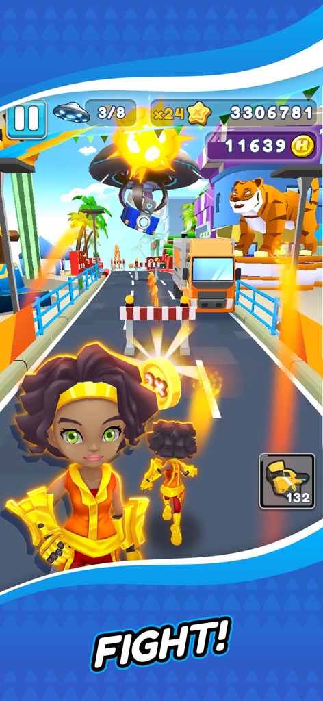 Rich Hero Go - Rich Hero Go game character running through a city street dodging obstacles and a UFO