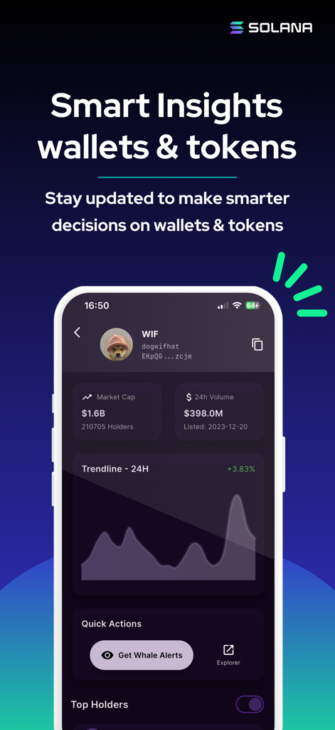Interface of the Solana Wallet Tracker app showing market cap and volume for the WIF token with whale alert options