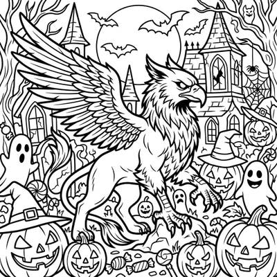 Embark on a thrilling coloring journey with this intricate design featuring a majestic Shadow Griffin amidst a festive Halloween scene. Discover spooky ghosts, grinning pumpkins, and a haunted house, all ready for your creative touch.