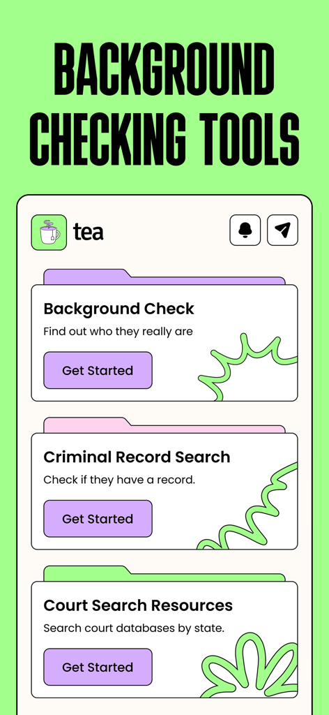 A screenshot of the Tea app interface showing its background checking tools including criminal record and court search options for dating safety.