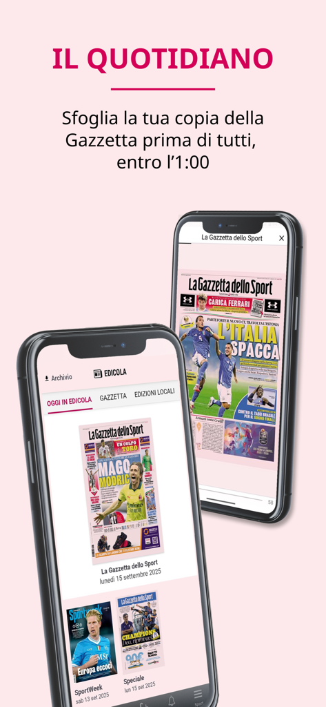 Two smartphones displaying the digital daily edition of La Gazzetta dello Sport