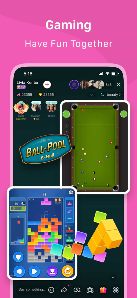 Pantalla de la aplicación LesPark mostrando funciones de juegos sociales como billar 8 bolas y rompecabezas de bloques para la interacción comunitaria