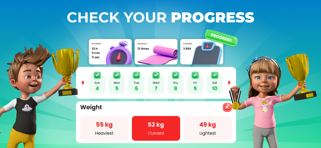 Uma tela de acompanhamento de progresso do aplicativo Kids Workout com crianças de desenho animado com troféus e estatísticas de fitness.