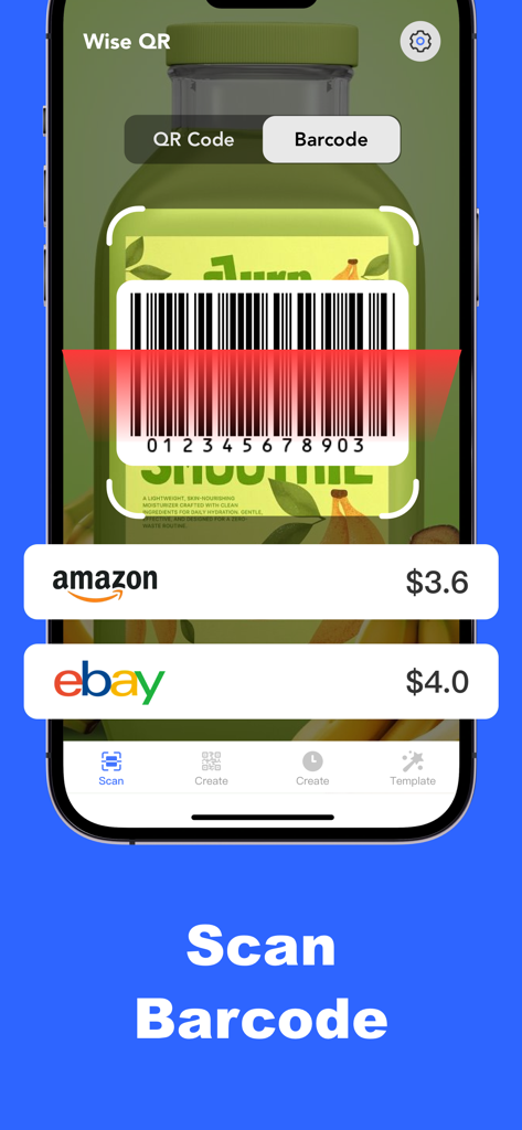 Wise QR - Barcode Scanner - Interfaz de la aplicación Wise QR escaneando un código de barras para mostrar comparaciones de precios en Amazon y eBay