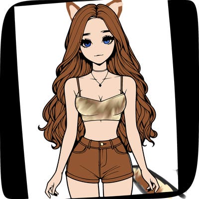 a realistic girl with long hair and in a crop top and shprts