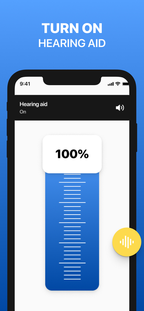 Hearing Aid app & Amplifier - A smartphone screen displaying the Hearing Aid app with a volume slider set to 100 percent and a toggle status indicating the hearing aid is on.