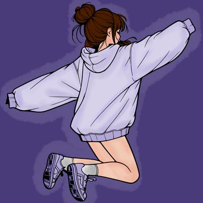 realistic girl jumping with a bun and oversized sweatshirt