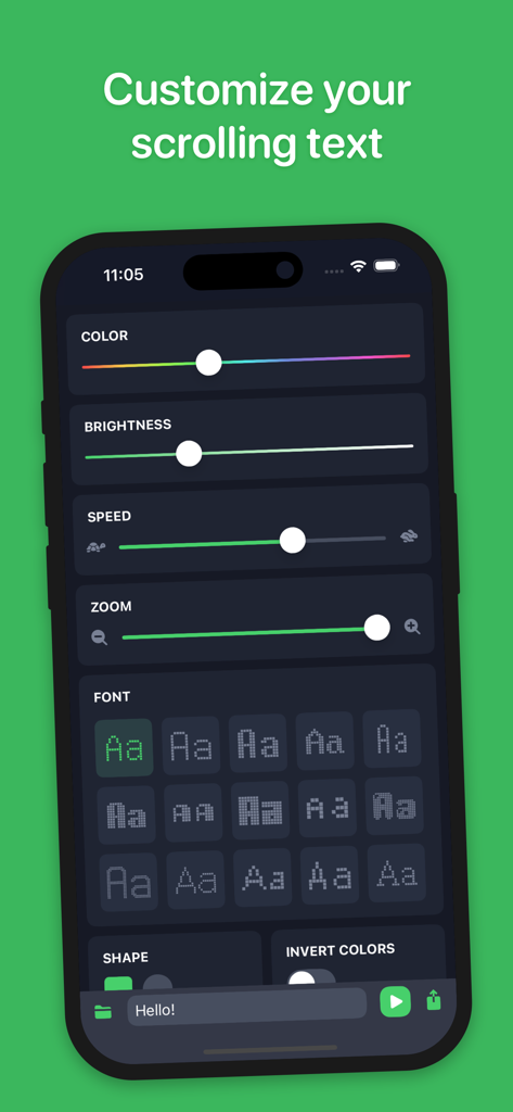 Interfaz de la aplicación LEDit para personalizar el texto de desplazamiento con ajustes de color, velocidad y estilo de fuente