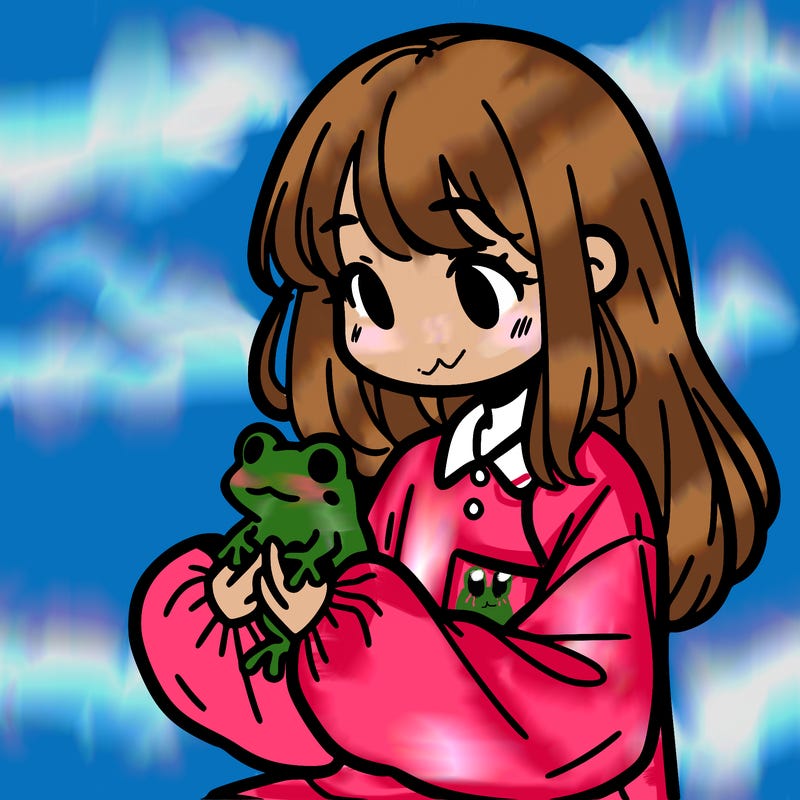 girl with long hair and a oversized shirt. and she is holding a frog