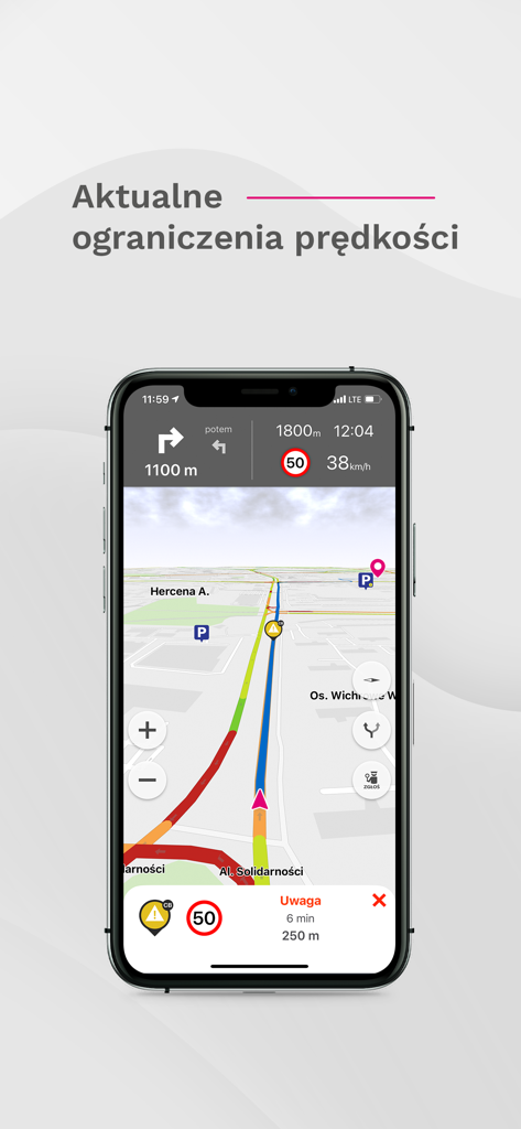 Interfaz de la aplicación Nawigacja T-Mobile que muestra el límite de velocidad en tiempo real y el mapa de navegación GPS.