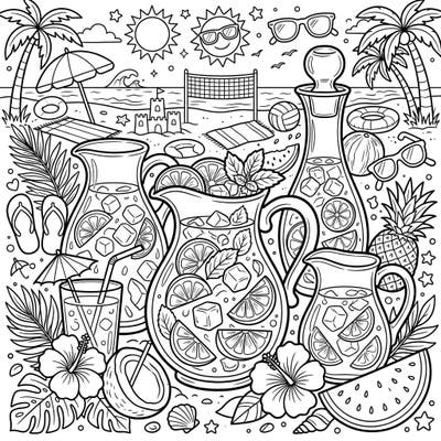 Transport yourself to a sunny beach with this delightful coloring page featuring an array of refreshing pitchers and carafes. Filled with icy drinks and tropical fruits, it's the perfect summer escape for your creative spirit.