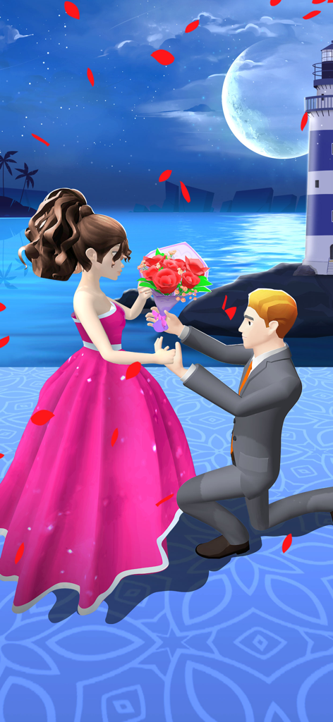 Bride Race & Outfit Makeover - 夜空の下、ピンクのウェディングドレスを着た女性にプロポーズする男性