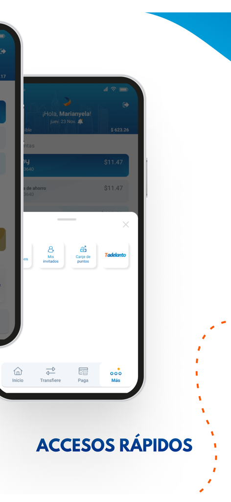 Mercantil Banco Panamá - Mobile interface of Mercantil Banco Panama app showing a quick access pop-up menu with various banking shortcuts