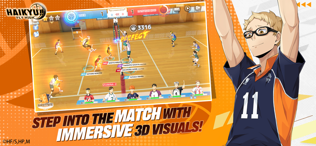 HAIKYU!! FLY HIGH - Haikyu Fly High mobile game screenshot showing 3D volleyball match gameplay with anime characters