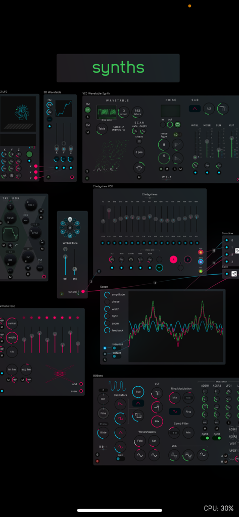 Audulus 4 - Screenshot of the Audulus 4 app displaying a modular synthesizer workflow with various oscillators and sound design modules on a dark interface