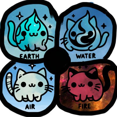 4 cats that represent the different elements, earth, water, air, and fire