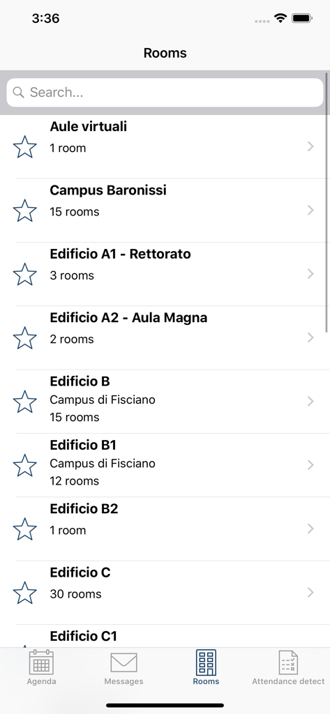 UNISA Lezioni - Lista de edificios del campus y recuentos de aulas en la aplicación móvil UNISA Lezioni.