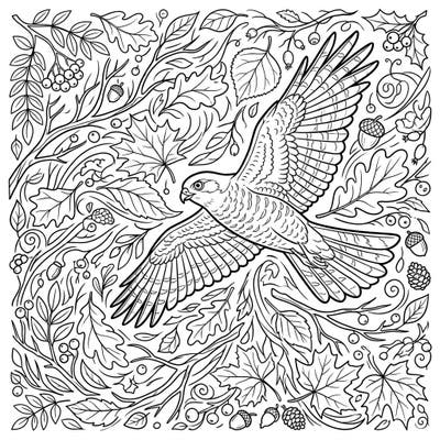 Capture the wild beauty of autumn with this stunning sparrowhawk coloring page. Explore a detailed woodland scene filled with seasonal foliage and a majestic bird of prey.