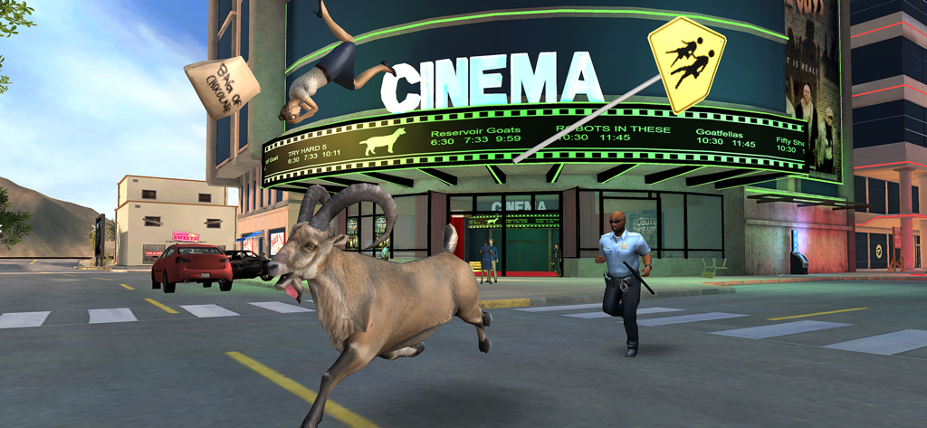 Goat Simulator: Pocket Edition - A goat running through a city street in front of a cinema with a police officer in pursuit