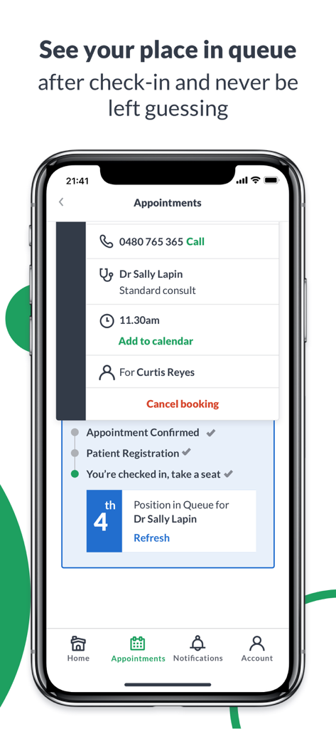 HotDoc app screen showing a patient's real-time position in the doctor's waiting queue.