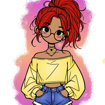 girl with a messy ponytail glasses a baggy crop top and jean shorts