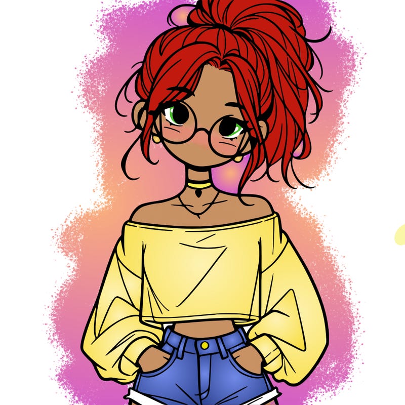 girl with a messy ponytail glasses a baggy crop top and jean shorts