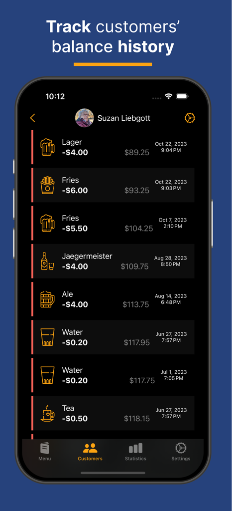 Mobile app screen showing a detailed list of past transactions and remaining balance for a specific customer on their bar tab.