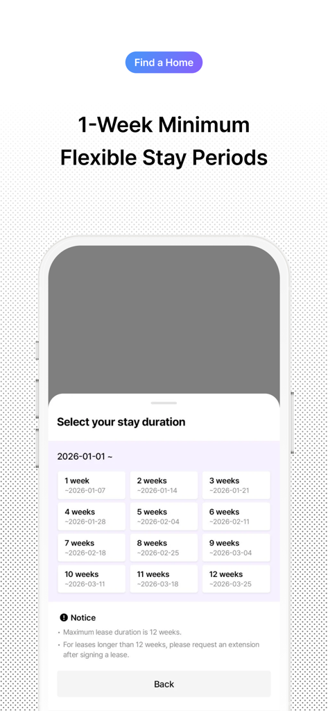 Mobile app screen for selecting weekly stay duration for a short term rental in Korea
