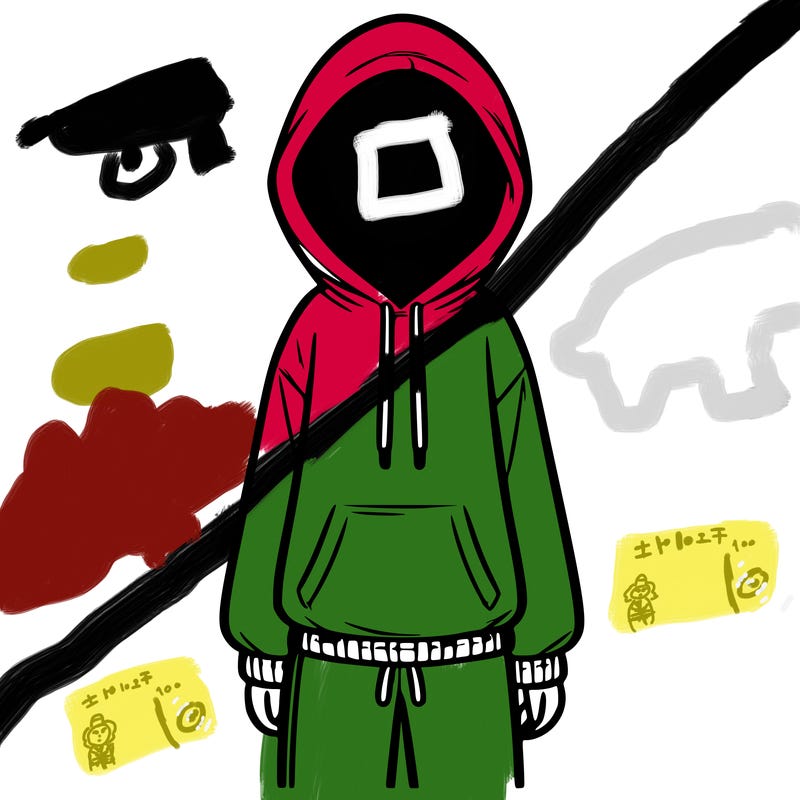 faceless girl in a tracksuit with a hood on and no hair