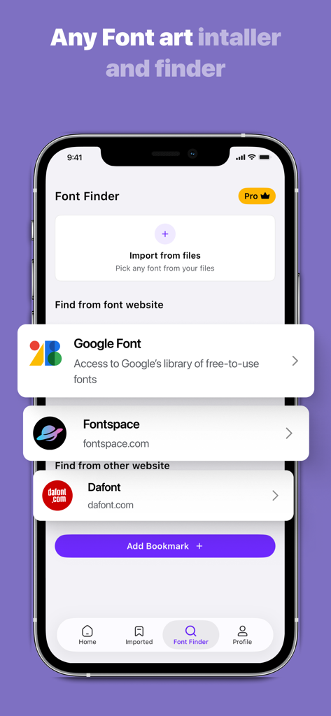 Fonts - Find, install any font - Google Font 및 Fontspace에서 글꼴을 가져오는 옵션이 있는 글꼴 찾기 인터페이스를 보여주는 iPhone 화면