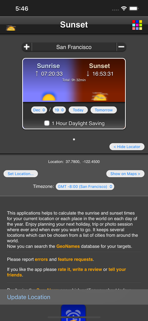 Sunset - Sunset app screen displaying sunrise and sunset times for San Francisco with geographic coordinates