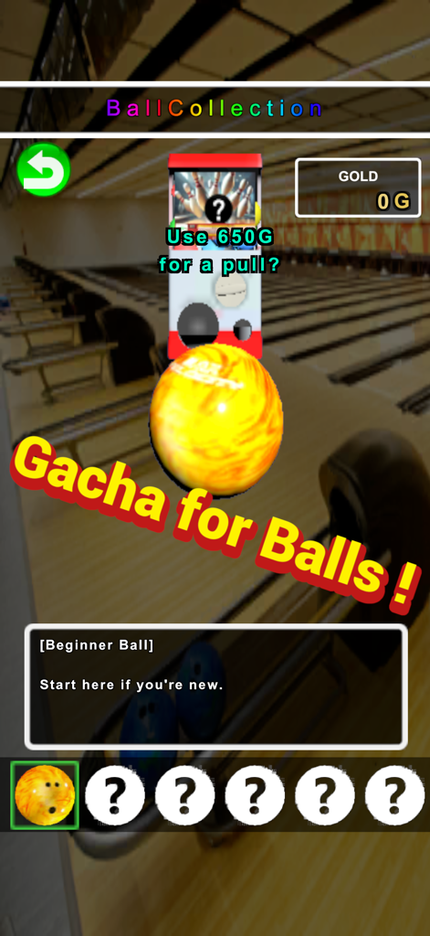 1000 Pin Bowling - Pantalla de colección de bolas de 1000 Pin Bowling que presenta la mecánica gacha para desbloquear nuevos objetos