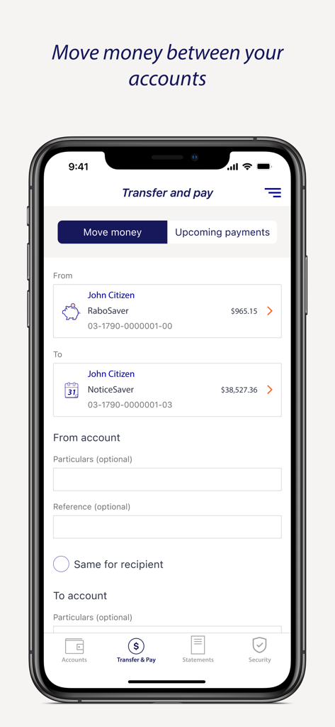 Rabobank Online Savings NZ - Rabobank Online Savings NZ app interface for transferring money between accounts