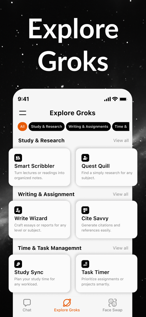 AI Chat Bot - Ask AI Universe - Interface of the AI Chat Bot app showing various AI assistants for study writing and task management