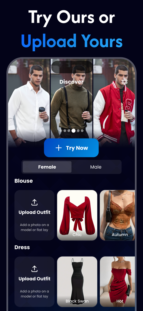 Interface of Cloti app showing various clothing categories and options for AI virtual try-on for men and women