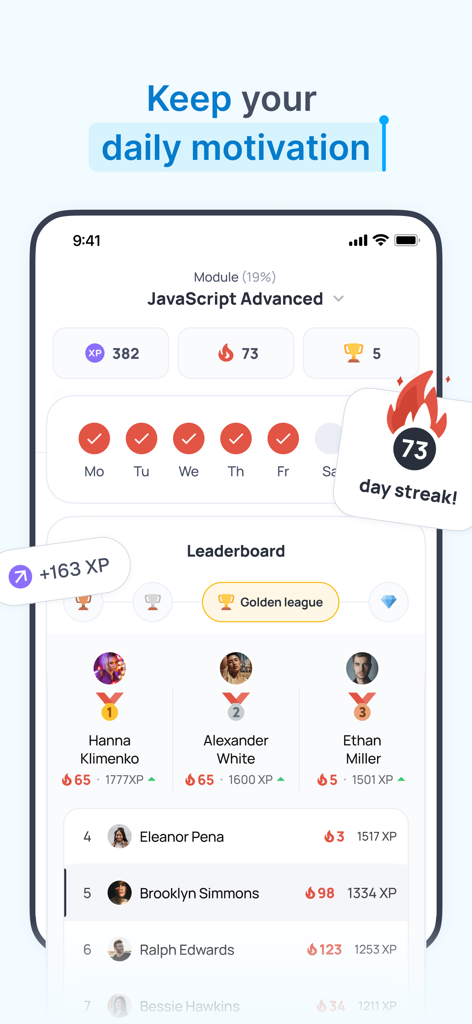 Kodree (Formerly Knowely) - Interfaz de la aplicación Kodree que muestra el seguimiento de rachas de programación y las clasificaciones de la tabla de líderes de estudiantes.