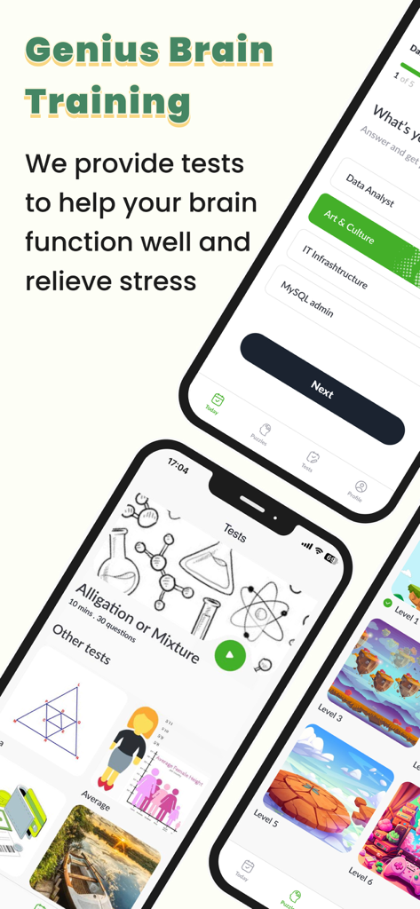 Genius Brain Training - A collection of mobile screens from the Genius Brain Training app showing cognitive tests and educational puzzles