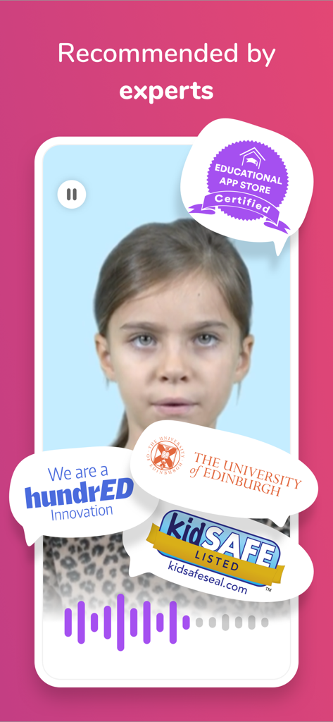 Otsimo | Speech Therapy SLP - Otsimo Sprachtherapie-App-Bildschirm mit Zertifizierungen und Expertenempfehlungen, einschließlich kidSAFE und Educational App Store