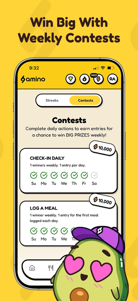 Amino: Free AI Calorie Tracker - Pantalla de concursos de la aplicación Amino que muestra el progreso de registro diario y de comidas para premios semanales